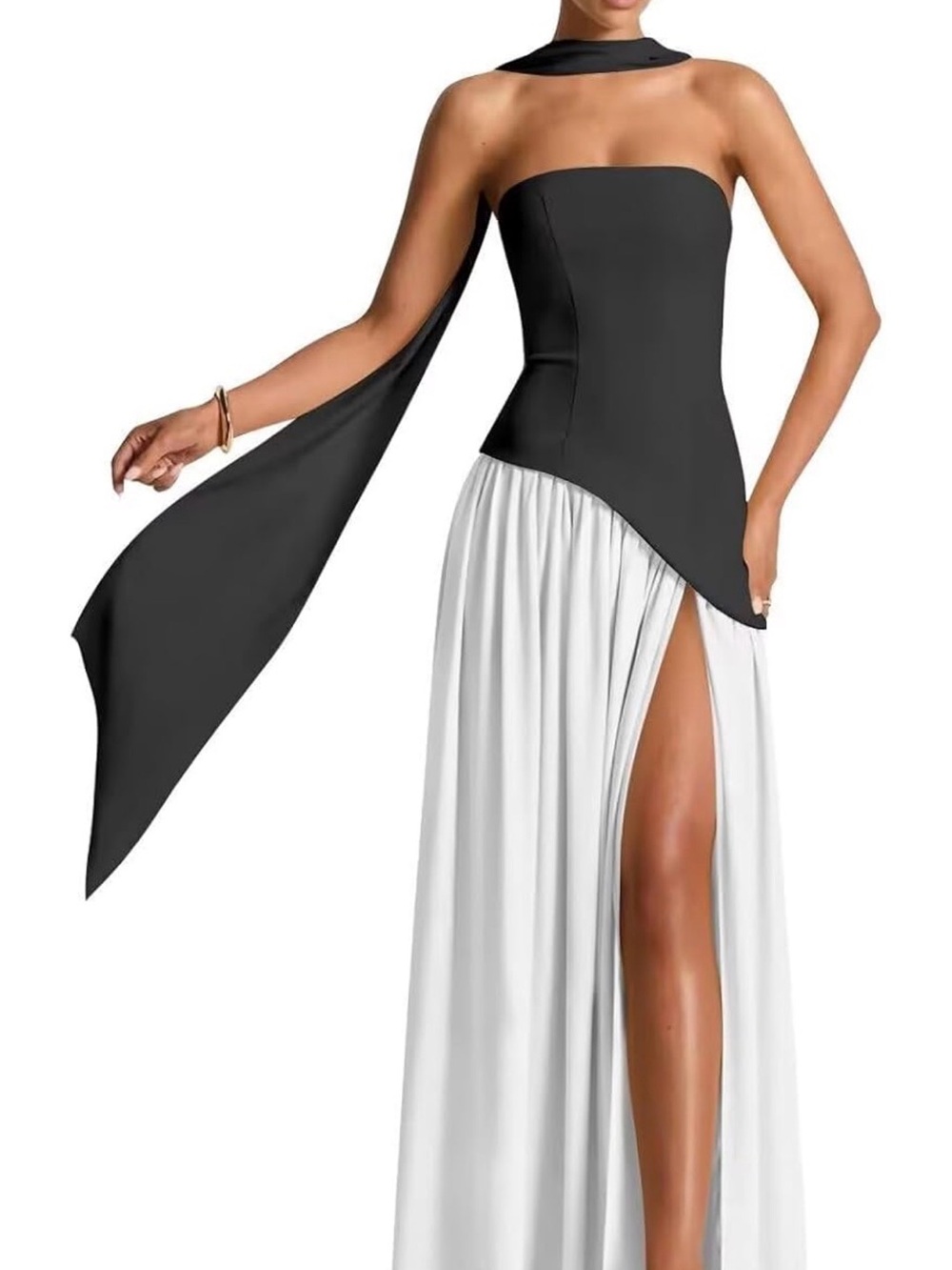 Elegant Strapless Black and White Evening Maxi Dress with Scarf Detail